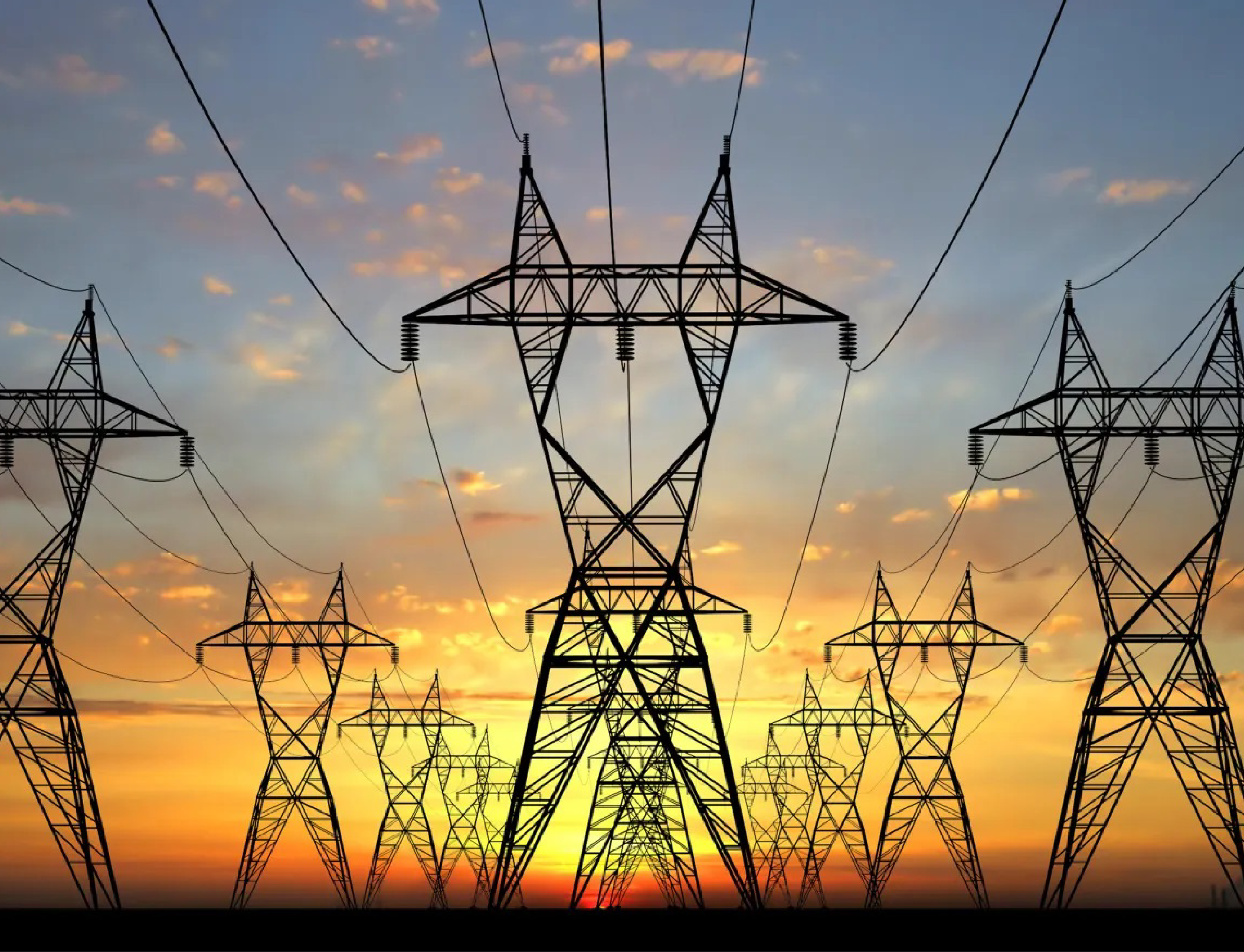 3D Electric powerlines over sunrise